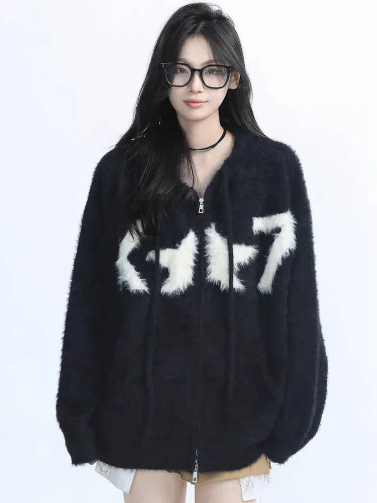 Faux Mink Cashmere Y2K Cardigan Sweater Women Streetwear American Vintage Knitted Hooded Jackets Hip Hop Star Letter Bf Tops New