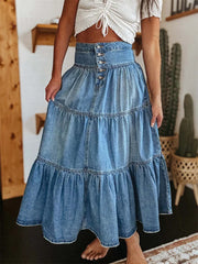 Women Summer Denim Skirt Casual Solid Color Ruffled Hem High Waist A-Line Jeans Skirt for Club Streetwear