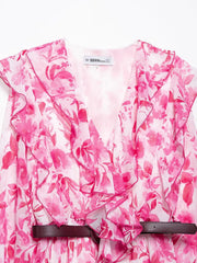 Women's French Fashion Paired With Waistband Floral Print Long Dress New Lantern Sleeve Ruffle Chic Spring Vacation Dress
