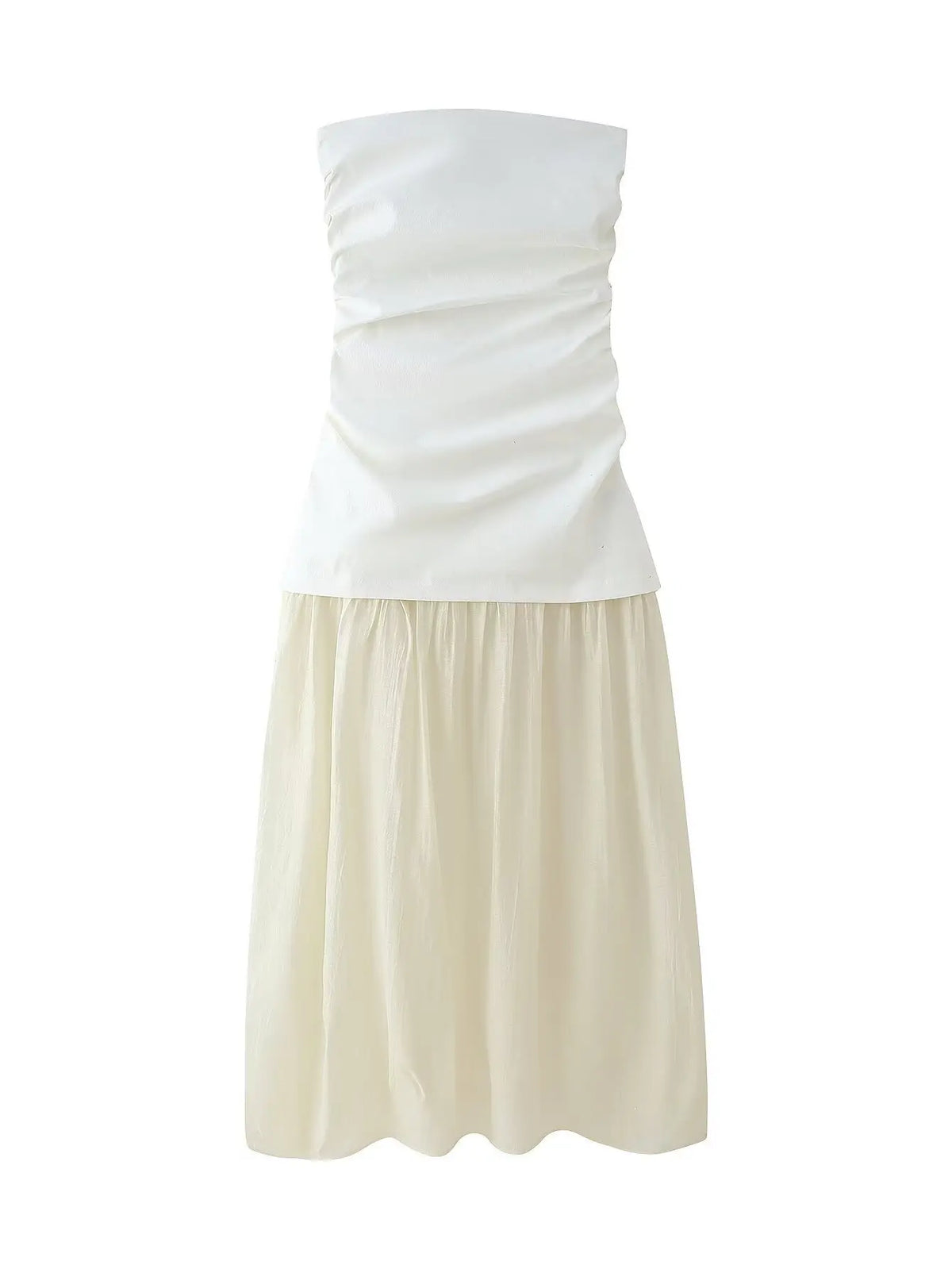 Fashion White Beige Patchwork Strapless Long Dress New Slim Pleat Women Summer Dress Vacation Beach Chic Woman Clothing
