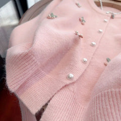 Pink Sweet Pearls Decorate Sweater Cardigan Woman Korean Fashion Print O Neck Knitwear Women Long Sleeve All Match Knitted Tops