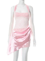 Lace Splice Halter Mini Dress Lace Up Irregular Ruched Sleeeveless Dress Elegant Sexy See Through Slim Party Outfits Lady