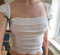 Y2K Cute Bow Lace Up Crop Top Aesthetic Texture Square-neck Sleeveless T Shirt Summer Women Streetwear Slim Tees