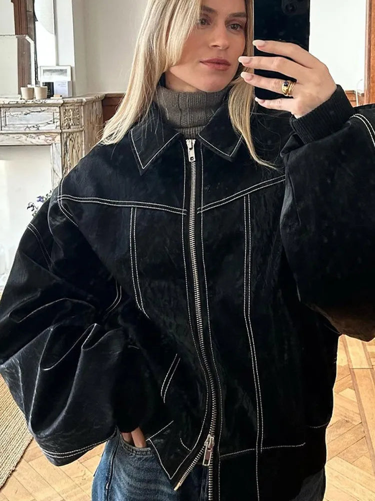 Casual Oversized Leather Jacket Women Fashion Lapel Long Sleeve Loose Zipper Female Coat Autumn Patchwork Loose Y2k Streetwear