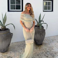 Women's New Vacation Style Strapless Long Dress 3D Flower Fashion Chic Beach Dresssolid Color Knitting Party Summer Dress