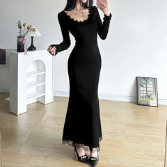 Black Slim Lace Spliced Knit Long Dress