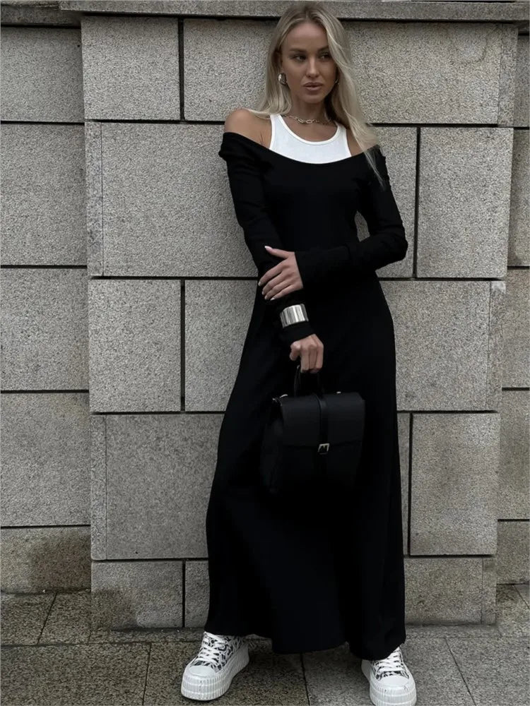 Fashion Fake Two Piece Shoulder Off Long Dress Modal Soft Vintage Slash Neck Slim Women Dress 2025 New Winter Fall Female Cloth