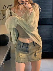 HOUZHOU Vintage Denim Mini Skirt Women Trashy Y2k 2000s Low Waist Sexy Star Rivet Distressed Slim Pencil Skirt Gyaru Streetwear