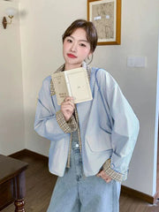 Sweet Cargo Jacket Women Loose Preppy Style Plaid Patchwork Short Coat Casual Korean Fashion Long Sleeve Fall Winter Tops