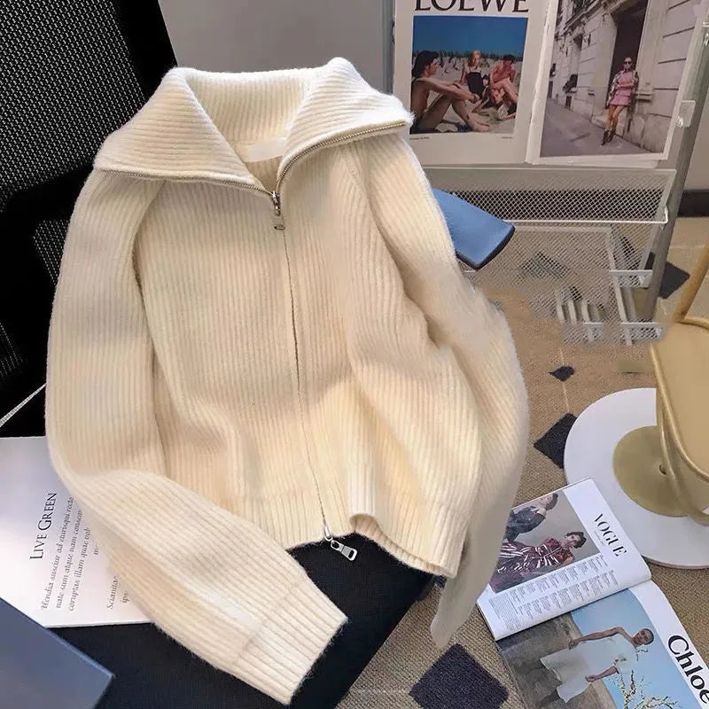 Autumn Winter New knitted Cardigan Sweater Women Fashion Long-Sleeved Zipper High Neck Coat Female Loose Sweater Ladies Tops