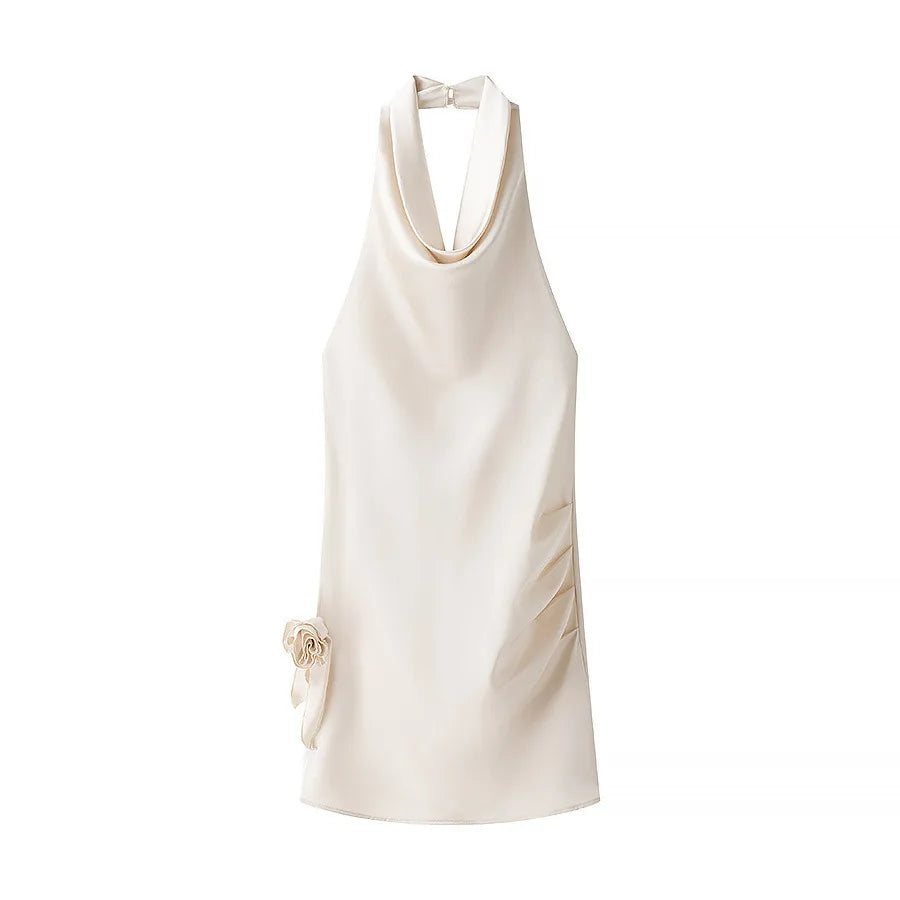 3D Flower Satin Halter-neck Short Dress 2025 New Fashion Beige Slim Sleeveless Dresses Backless Summer Party Dress For Women