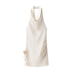 3D Flower Satin Halter-neck Short Dress 2025 New Fashion Beige Slim Sleeveless Dresses Backless Summer Party Dress For Women