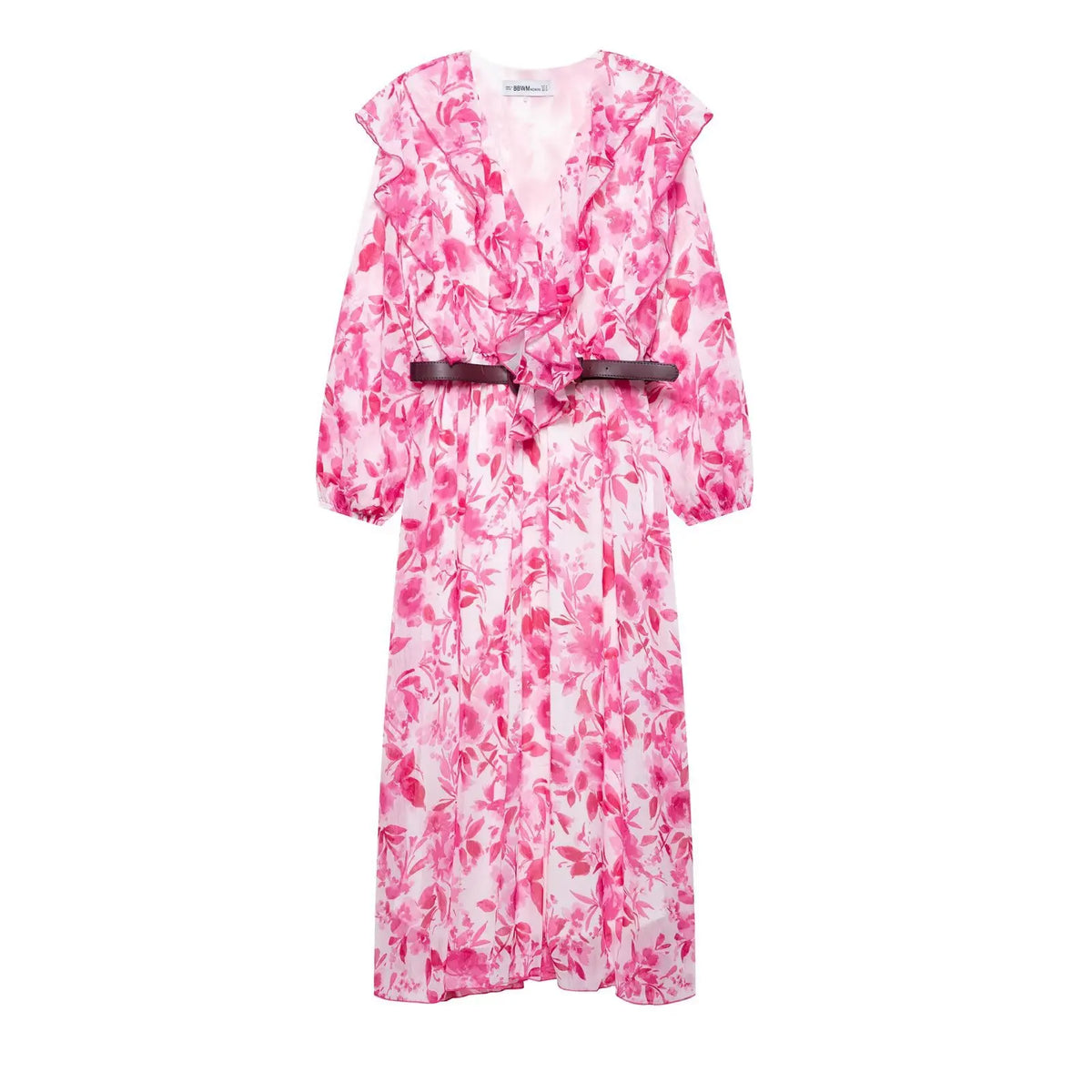Women's French Fashion Paired With Waistband Floral Print Long Dress New Lantern Sleeve Ruffle Chic Spring Vacation Dress