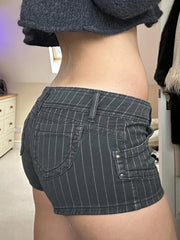 Pbong  Harajuku Striped Buttons Micro Denim Shorts Women Summer Low Waist With Pockets Bottoms Hottie's Slimming Mini Pants