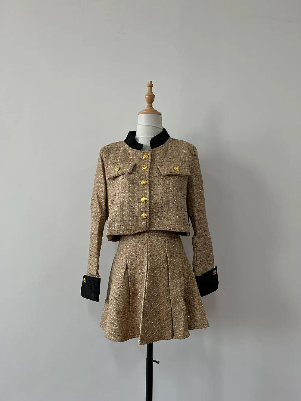 French Small Fragrance Suit Women Patched Plaid Coat Pleated Skirt Sweet Fresh Autumn Winter Round Neck Advanced Two Piece Set
