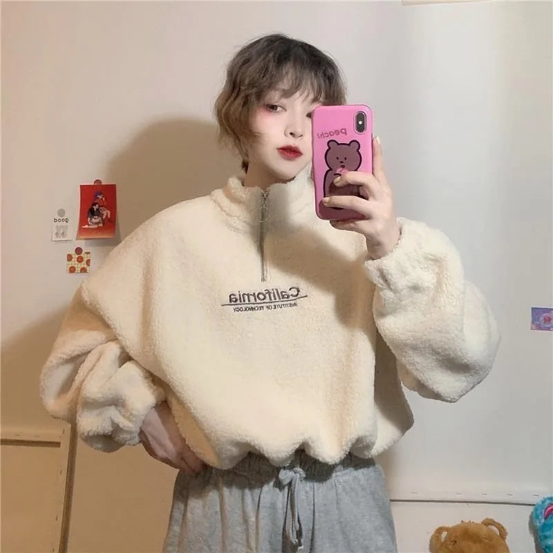 Korean Warm Fleece Fluffy Half Zip Hoodies Women Casual Fashion Thicked Sweatshirt Top Autumn Winter Clothing