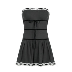 Black Strapless Lace Trim Tie Up Bow Mini Dress
