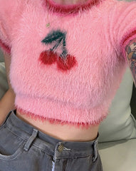 Summer Round Neck Short Sleeve Pink Lovely Sweet Girl T-Shirts Casual Slim Crop Top Fashion Female Streetwear Tees