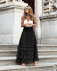 New Casual Womens Solid Ball Gown Long Skirt Tulle High Waist Pleated Elegant Ladies Wild Mesh Dating Maxi Skirts Drop