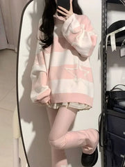 Harajuku Sweet O Neck Long Sleeve Sweaters Y2k Aesthetic Star Design High Street Girl Jumpers American Punk Striped Clothing