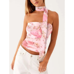 y2k Tube Tops with Scarf Women Sexy Cothes Floral Printed Off Shoulder Strapless T Shirts Bandeau Vest Club Streetwear
