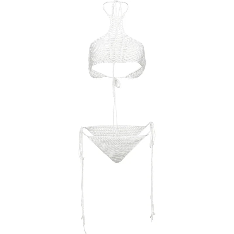 Sexy Crochet 2 Piece Set Women Hollow Swimsuit Halter Mini Camisole+Bandage Panties Matching Club Beach Vacation Suit