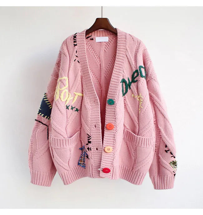 Spring Women's Sweater Warm Knitted Sweater Jacket Loose Pocket Embroidery Fashion Knit Cardigan Jacket Ladies Jacket