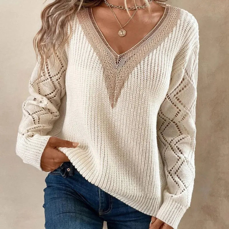 Pbong  Solid V Neck Knitted Sweater, Hollow Out Long Sleeve Casual Sweater For Fall Winter Women's Clothing