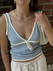 Retro Deep V Neck Crop Top Women Y2k Ruffle Vintage Tank Tops Womens Tie Up Bow Knitted Woman Backless Cute Tops 2024 New
