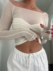 Mesh Sheer Off-Shoulder Top Shirt For Women New Long Sleeve See-Through Lace Knit Pullover Tops Summer Mesh Top Tee Shirt