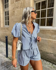 Summer Loose Plaid Shorts Suit Women Fashion V Neck Hollow Out Lace Up Shirt 2 Pcs Sets Spring Chic Female Street Outfits