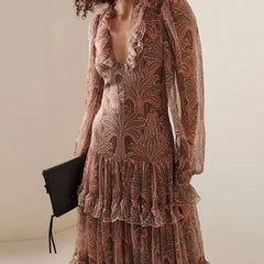 Autumn Casual Bohemia Dresses Elegant V-neck Ruffled High Waist Evening Dress Women Fashion Printed Mesh Pleated Long Dress