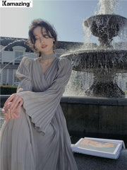Women's French Elegant Ruffle Irregular Long Dress Korean Fashion Fairy Pleated Party Evening One Piece Dress Spring