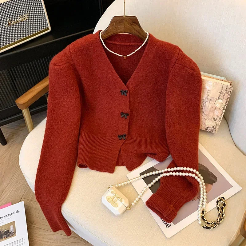 Korean Bow Knitted Cardigan for Women Single Breasted V-Neck Long Sleeve Kawaii Sweaters Sweet Jumper Coats Autumn