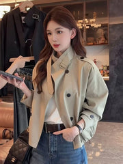 England Stand Collar Jacket Women Loose Long Sleeve Vintage Short Coat Fall Causal Double Breasted Lady Elegant Design Tops
