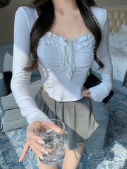 Spring Basic Lace Y2k Crop Tops Woman Slim Pure Color Korean T-shirt Office Lady Casual Fashion Clothing Female Design