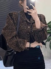 Y2K Cropped Leopard Denim Jacket Women Vintage Streetwear Long Sleeve Slim Short Coat American Harajuku Female Hip Hop Tops