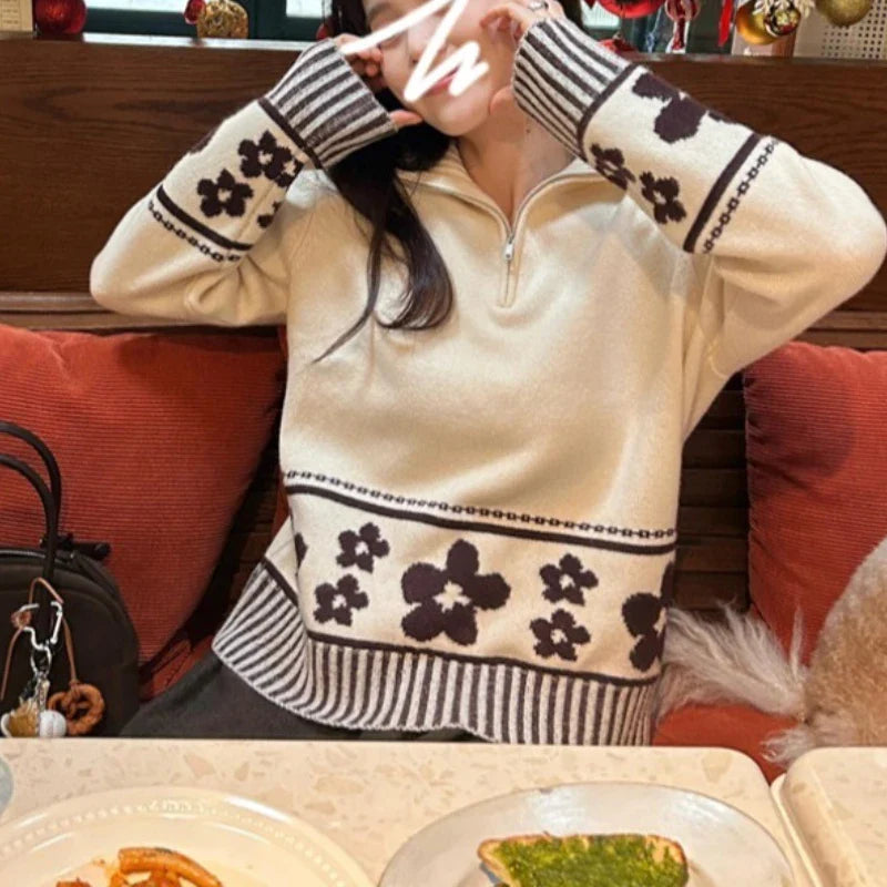 Half Zipper Knit Cardigan Sweater Women Pullovers Cozy Loose Sweater Jacket Collared Long Sleeve Floral Print Fall Winter Outfit