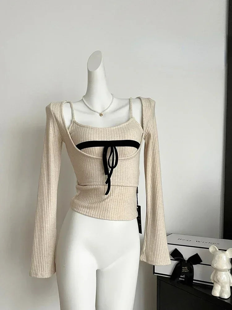 Korean Fashion Two Piece Sets Woman New Cropped Sweater Pullovers Tops Jumper Design Gyaru Knitwears 2000s Tide Design
