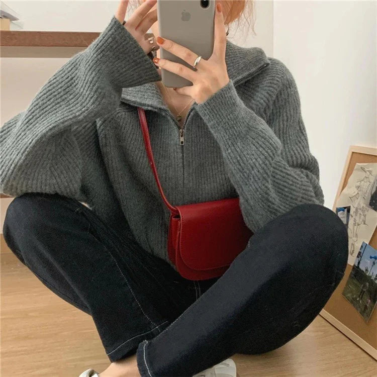 Casual Knitted Cardigan Sweaters Women Autumn Vintage Zip-up Solid Loose Long Sleeve Tops Knitwear Chic Kpop
