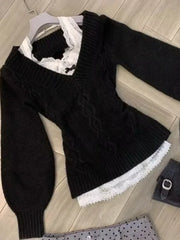 Sexy Elegant V-neck Knitted Pullover Women Black Y2k Fashion Long Sleeve Sweaters Simple Casual Slim Aesthetics Tops