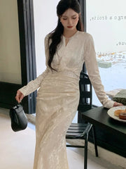 Women Autumn Velvet Midi Dresses Sexy V-neck Floral Solid Long Sleeve Slim Vintage Dress Elegant Party Mermaid Clothing Vestidos