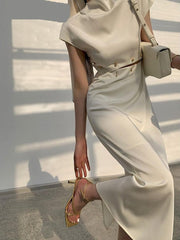 Elegant White Long Dress Female Round Neck Short Sleeve High Waist Cut Out Midi Dresses For Woman Clothing Fashion