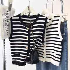 Striped Sweater Vest for Women Gold Button Waistcoat Soft Knitted Sleeveless Cardigan Jacket Top Fall Winter Korean Chic Outfit