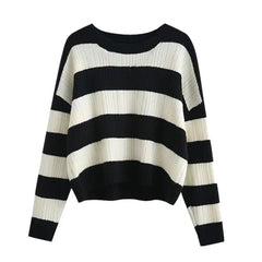 Striped Knit Sweater for Women Long Sleeve Crew Neck Crop Knit Top Pullovers Striped Jumper Teen-girl Fall Winter Vintage Outfit
