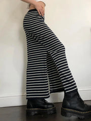Y2K Black White Stripe Long Skirts Women Split Elastic Waist Basic Elegant Knitted Skirt