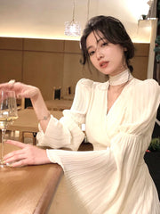 Women's French Elegant Ruffle Irregular Long Dress Korean Fashion Fairy Pleated Party Evening One Piece Dress Spring