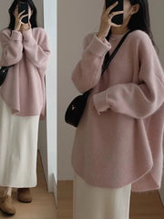 Women Black Gothic Mohair Pullover Knitted Sweater Harajuku Y2k Long Sleeves Sweater Jumper Vintage 2000s Aesthetic Clothes