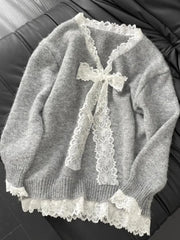 Lazy American Vintage High Street Patchwork Lace V Neck Sweaters Y2k Aesthetic Knitted Long Sleeve Clothing Harajuku Pullovers