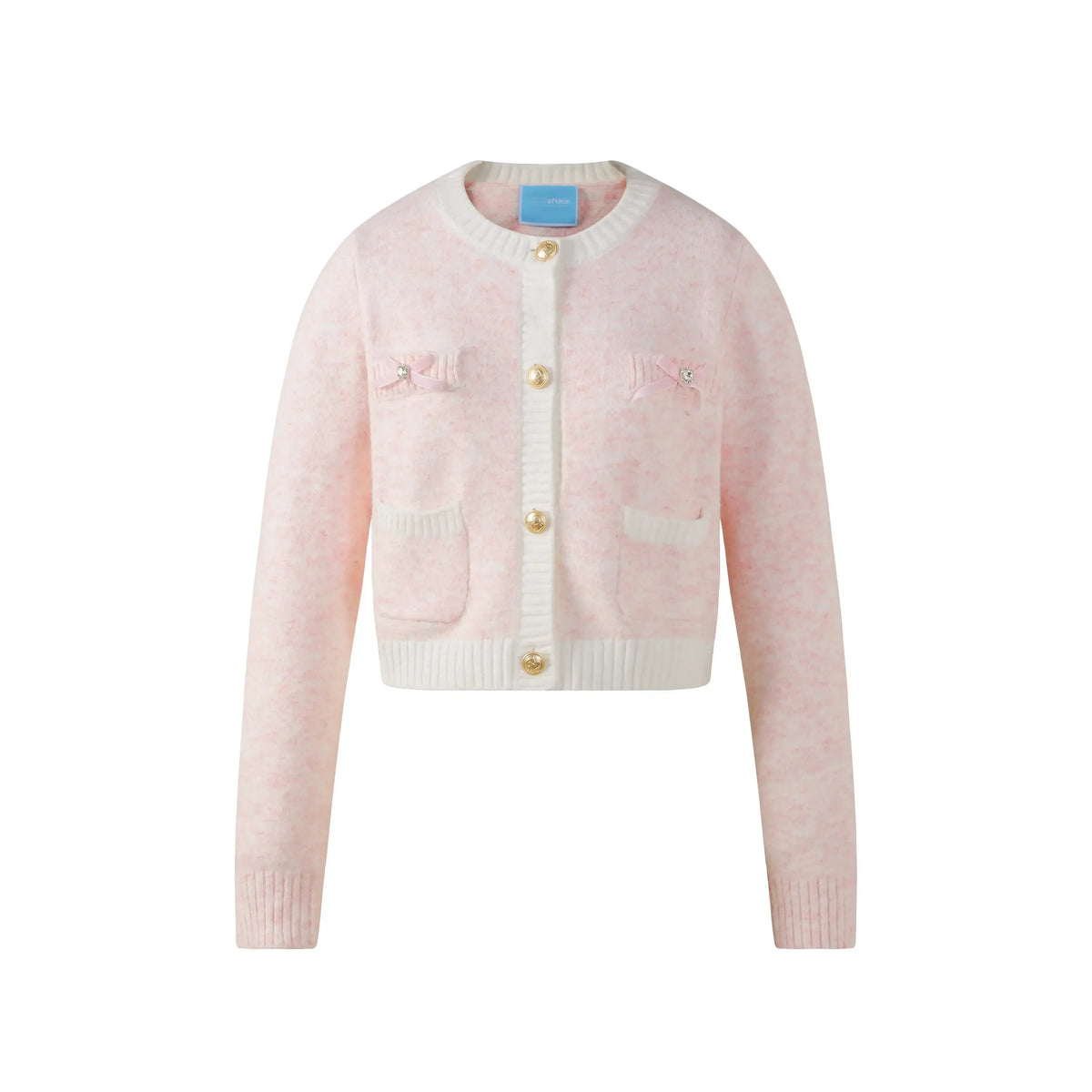 Korean Fashion Pink Cropped Cardigan Women Kpop Sweet Girl Knitted Sweater Bow Coquette Aesthetic Long Sleeve Tops New